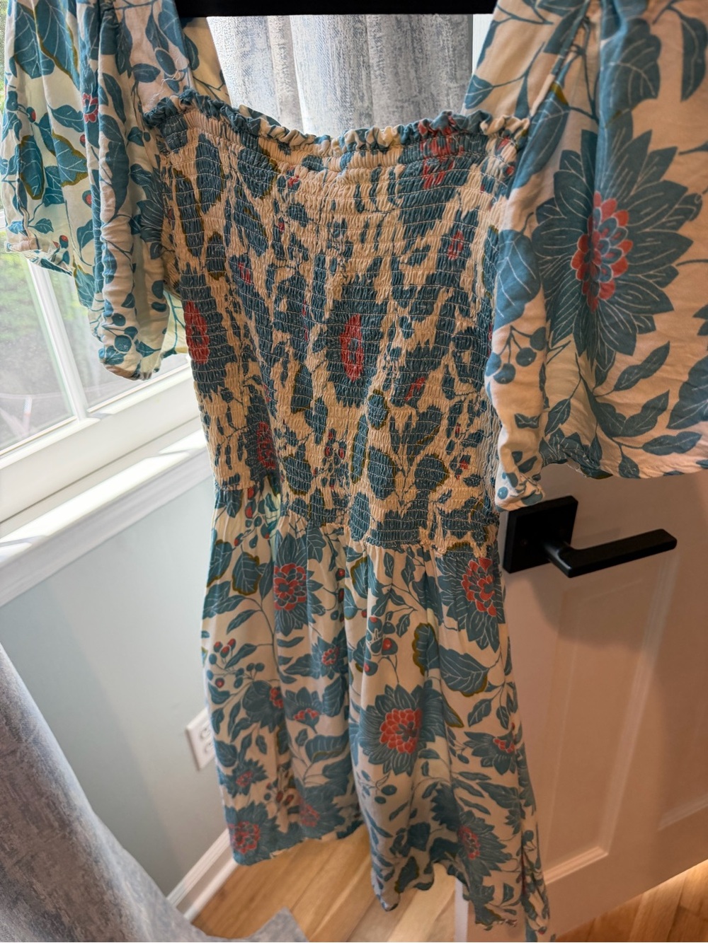 Angie Cream Mini Dress with Teal and Coral Floral Print - Picture 4 of 7